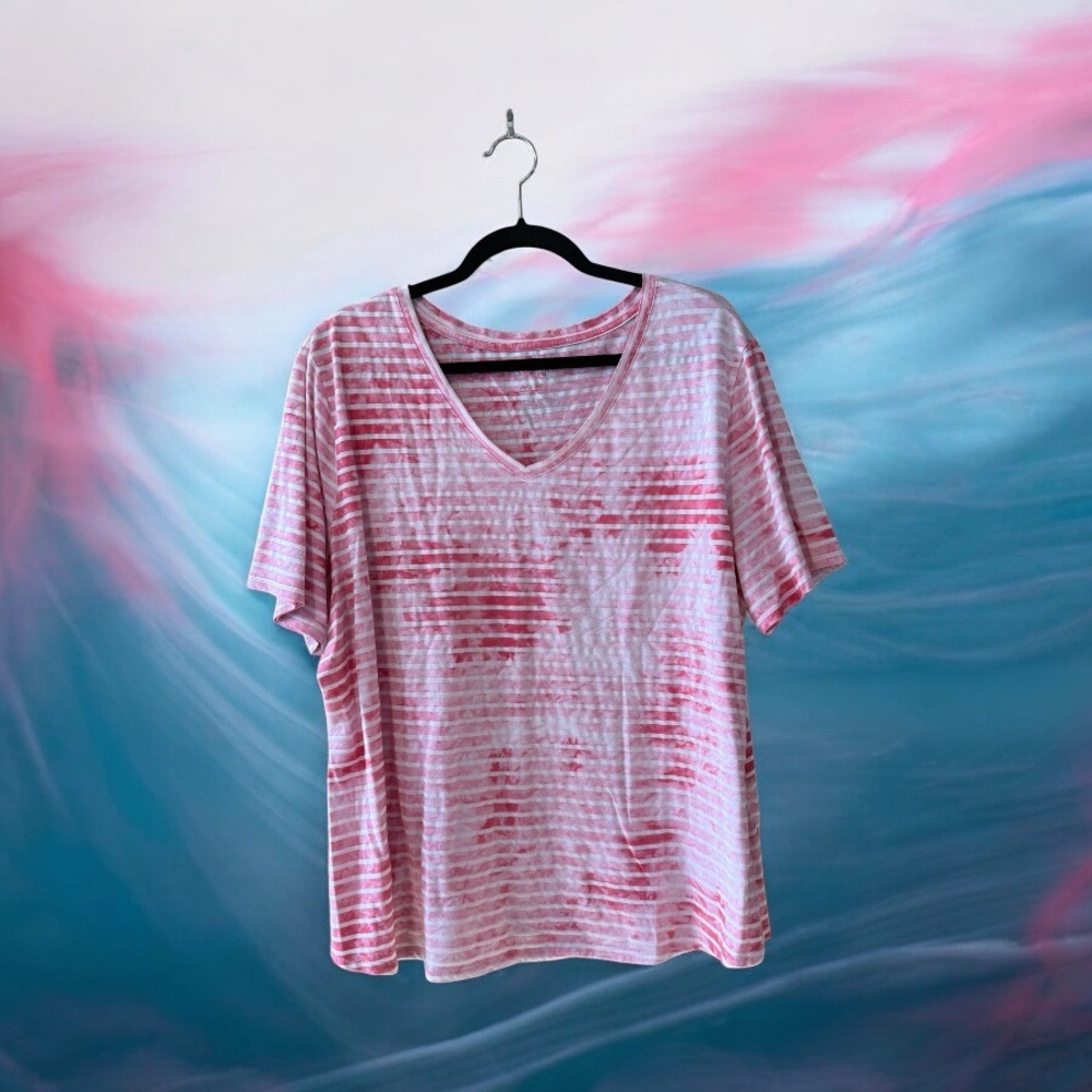 Terra & Sky Pink & White Tie Dye and Shimmery Striped V-Neck T-Shirt